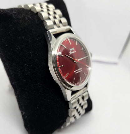 Vintage MOD HMT Janata Hand Winding 17 Jewels Red Face Jubilee Bracelet Men's Wrist Watch G01