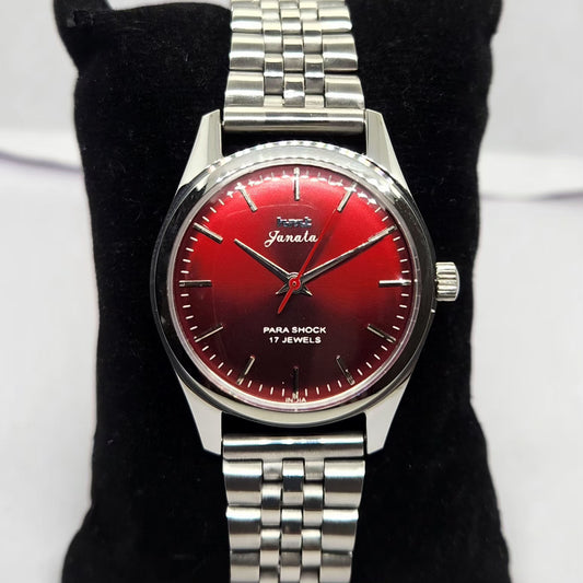 Vintage MOD HMT Janata Hand Winding 17 Jewels Red Face Jubilee Bracelet Men's Wrist Watch G01