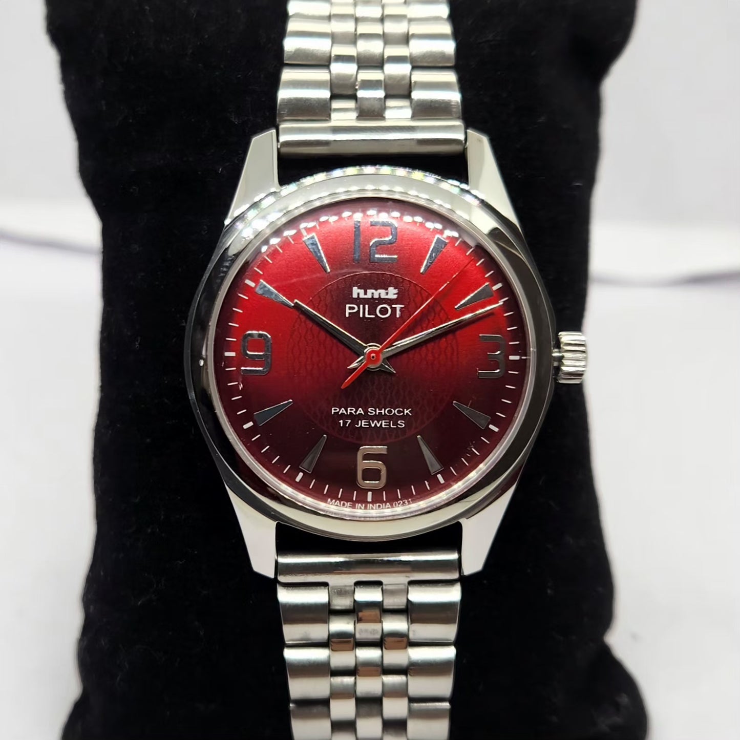 Vintage MOD HMT Pilot Hand Winding 17 Jewels Red Face Jubilee Bracelet Men's Wrist Watch G02