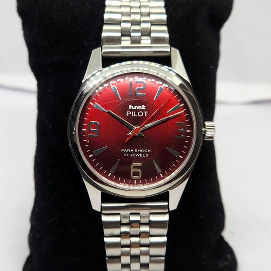 Vintage MOD HMT Pilot Hand Winding 17 Jewels Red Face Jubilee Bracelet Men's Wrist Watch G02
