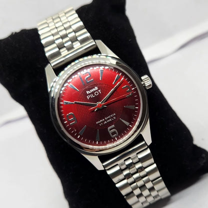 Vintage MOD HMT Pilot Hand Winding 17 Jewels Red Face Jubilee Bracelet Men's Wrist Watch G02