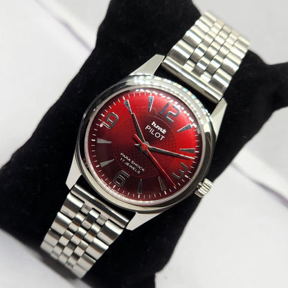 Vintage MOD HMT Pilot Hand Winding 17 Jewels Red Face Jubilee Bracelet Men's Wrist Watch G02