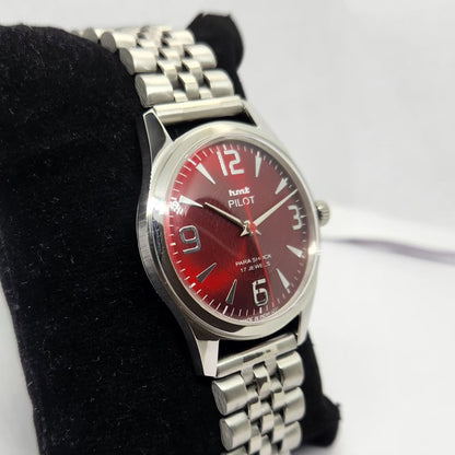 Vintage MOD HMT Pilot Hand Winding 17 Jewels Red Face Jubilee Bracelet Men's Wrist Watch G02