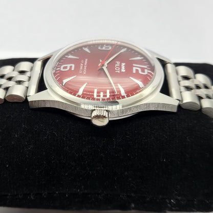Vintage MOD HMT Pilot Hand Winding 17 Jewels Red Face Jubilee Bracelet Men's Wrist Watch G02