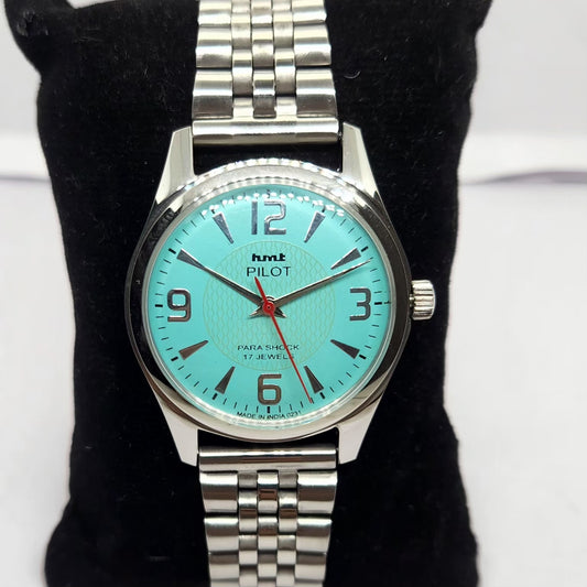 Vintage MOD HMT Pilot Hand Winding 17 Jewels Tiffany Blue Face Jubilee Bracelet Men's Wrist Watch G03