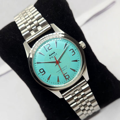 Vintage MOD HMT Pilot Hand Winding 17 Jewels Tiffany Blue Face Jubilee Bracelet Men's Wrist Watch G03