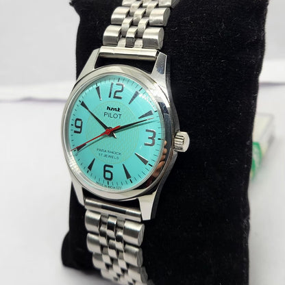 Vintage MOD HMT Pilot Hand Winding 17 Jewels Tiffany Blue Face Jubilee Bracelet Men's Wrist Watch G03