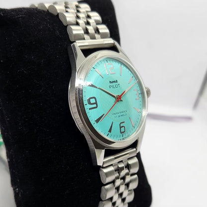 Vintage MOD HMT Pilot Hand Winding 17 Jewels Tiffany Blue Face Jubilee Bracelet Men's Wrist Watch G03