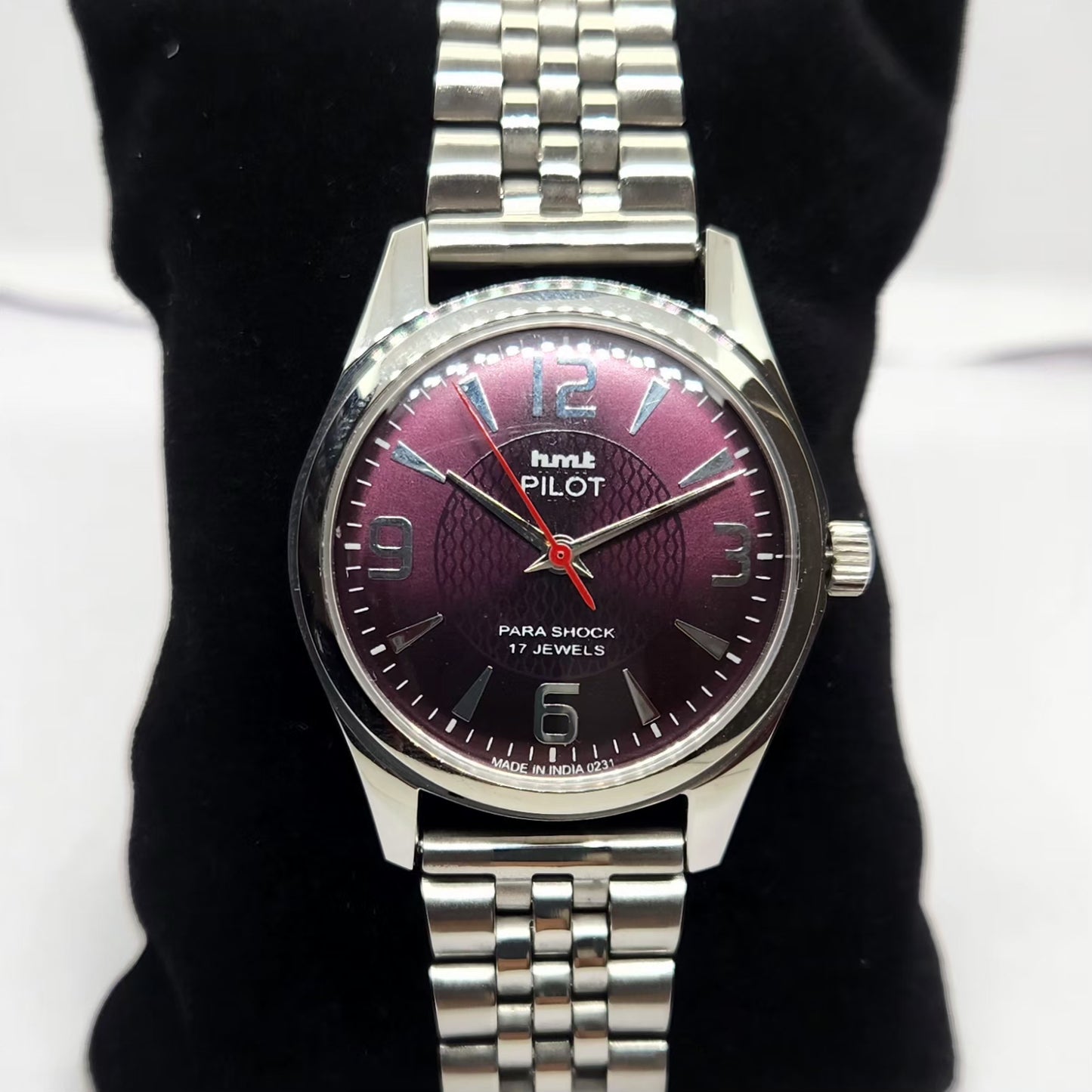 Vintage MOD HMT Pilot Hand Winding 17 Jewels Purple Face Jubilee Bracelet Men's Wrist Watch G04