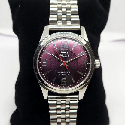 Vintage MOD HMT Pilot Hand Winding 17 Jewels Purple Face Jubilee Bracelet Men's Wrist Watch G04