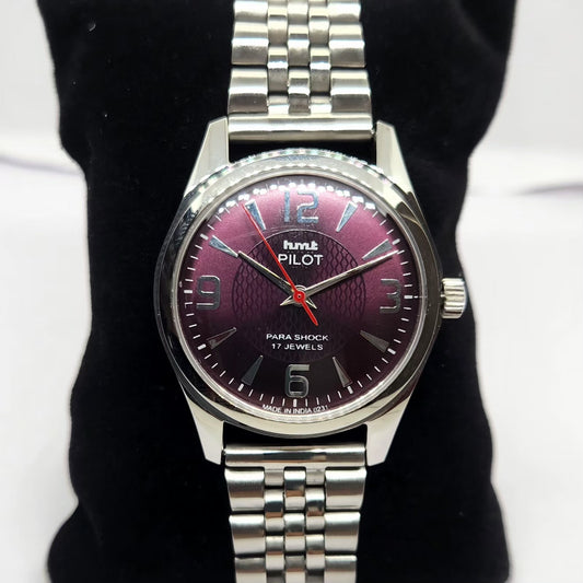 Vintage MOD HMT Pilot Hand Winding 17 Jewels Purple Face Jubilee Bracelet Men's Wrist Watch G04