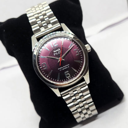 Vintage MOD HMT Pilot Hand Winding 17 Jewels Purple Face Jubilee Bracelet Men's Wrist Watch G04