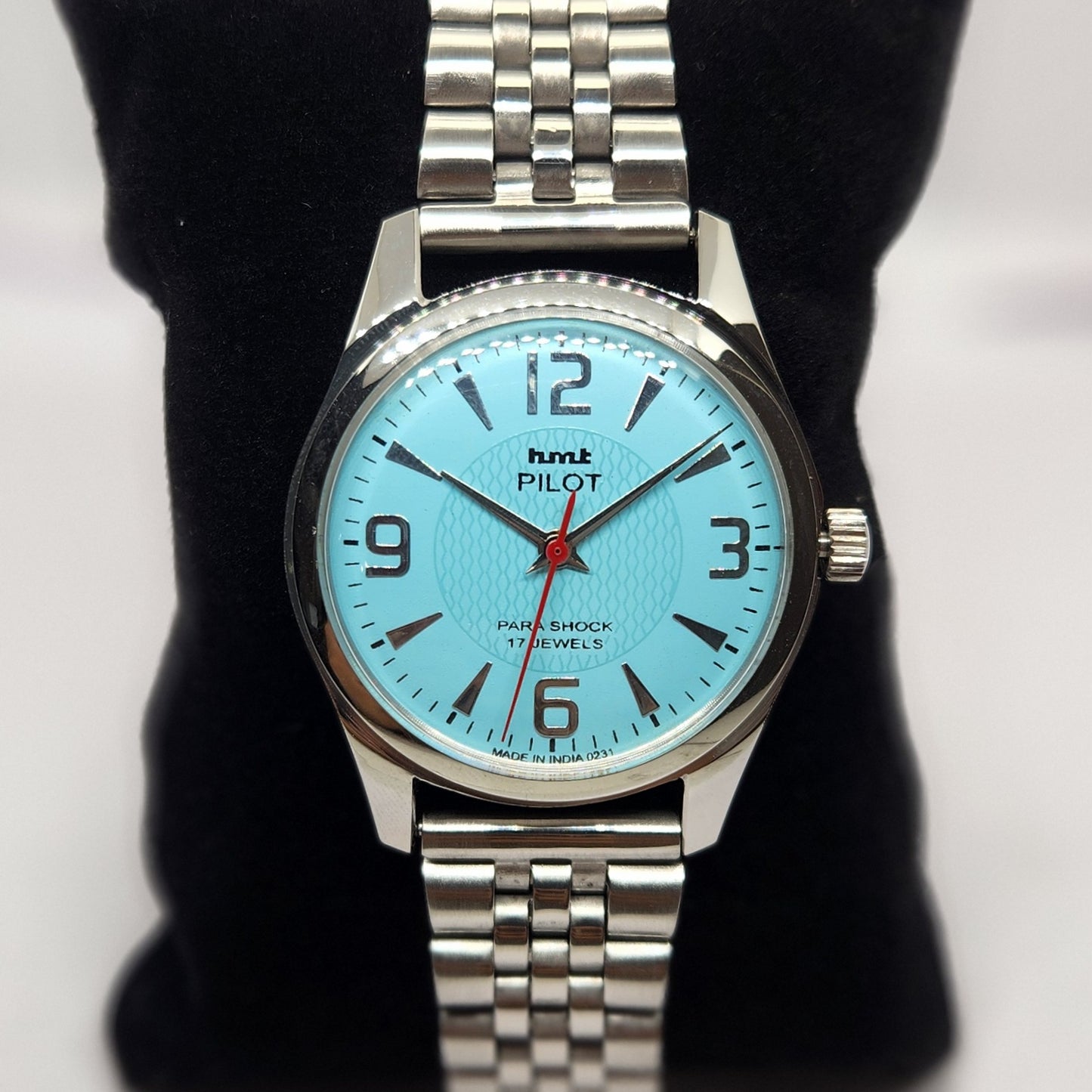 Vintage MOD HMT Pilot Hand Winding 17 Jewels Sky Blue Face Jubilee Bracelet Men's Wrist Watch G06