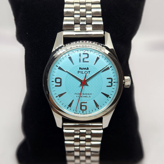 Vintage MOD HMT Pilot Hand Winding 17 Jewels Sky Blue Face Jubilee Bracelet Men's Wrist Watch G06