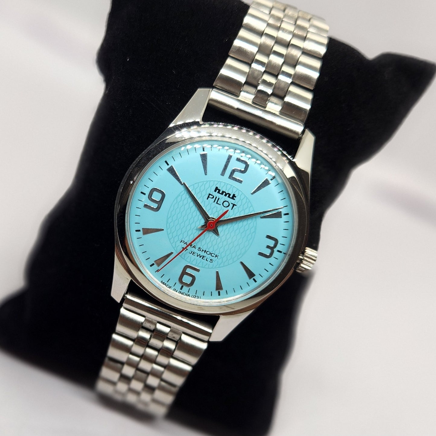 Vintage MOD HMT Pilot Hand Winding 17 Jewels Sky Blue Face Jubilee Bracelet Men's Wrist Watch G06