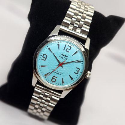 Vintage MOD HMT Pilot Hand Winding 17 Jewels Sky Blue Face Jubilee Bracelet Men's Wrist Watch G06