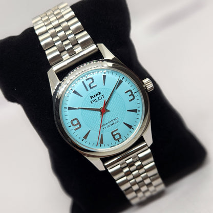 Vintage MOD HMT Pilot Hand Winding 17 Jewels Sky Blue Face Jubilee Bracelet Men's Wrist Watch G06