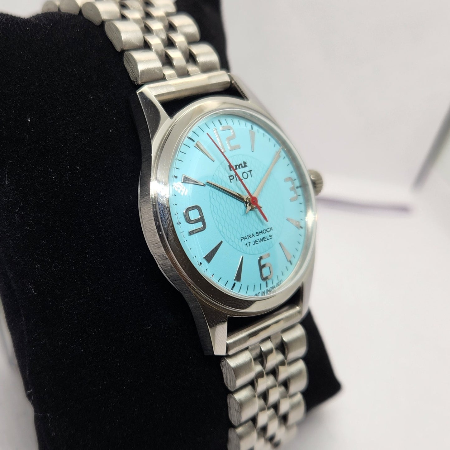 Vintage MOD HMT Pilot Hand Winding 17 Jewels Sky Blue Face Jubilee Bracelet Men's Wrist Watch G06
