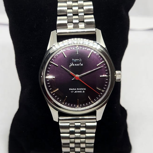 Vintage MOD HMT Janata Hand Winding 17 Jewels Purple Face Jubilee Bracelet Men's Wrist Watch G11