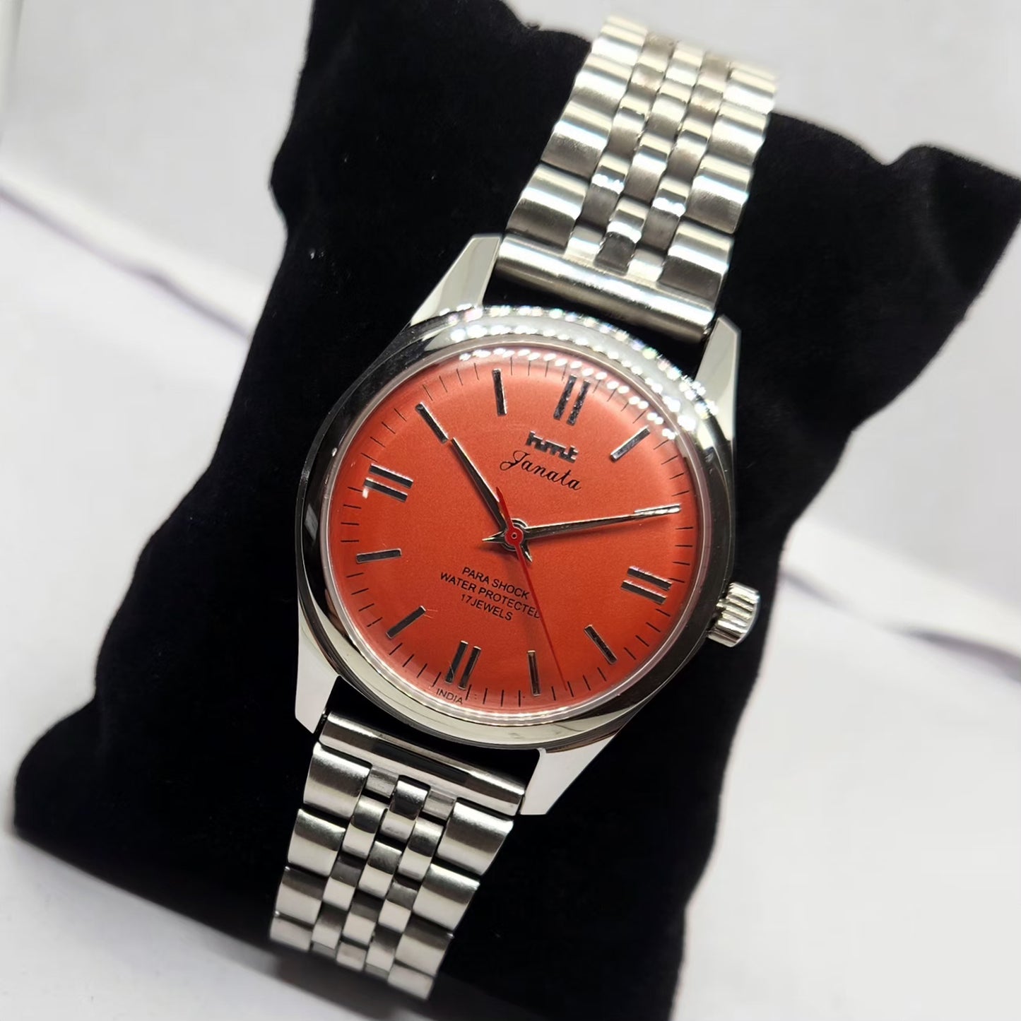 Vintage MOD HMT Janata Hand Winding 17 Jewels Orange Face Jubilee Bracelet Men's Wrist Watch G14