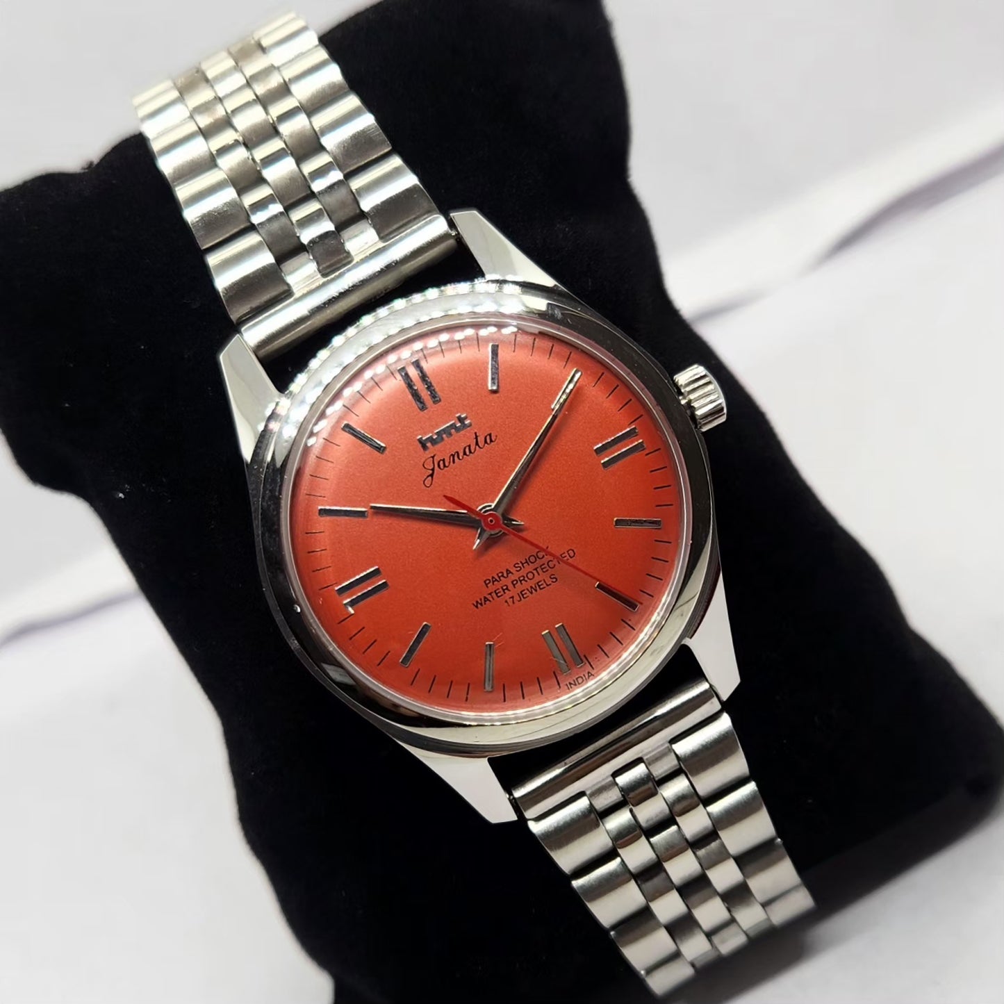 Vintage MOD HMT Janata Hand Winding 17 Jewels Orange Face Jubilee Bracelet Men's Wrist Watch G14