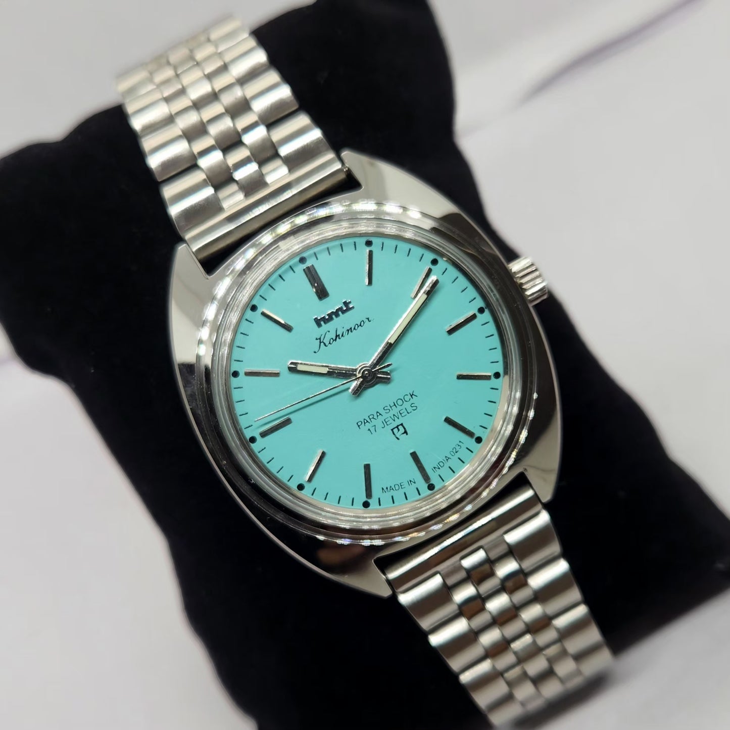 Vintage MOD HMT Kohinoor Hand Winding 17 Jewels Tiffany Blue Face Jubilee Bracelet Men's Wrist Watch G19