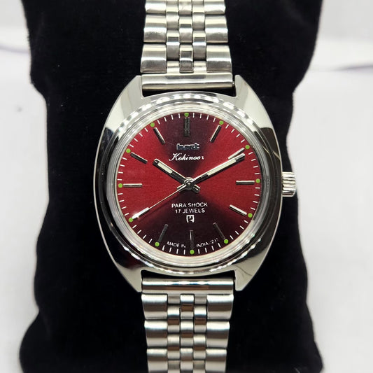 Vintage MOD HMT Kohinoor Hand Winding 17 Jewels Maroon Face Jubilee Bracelet Men's Wrist Watch G20
