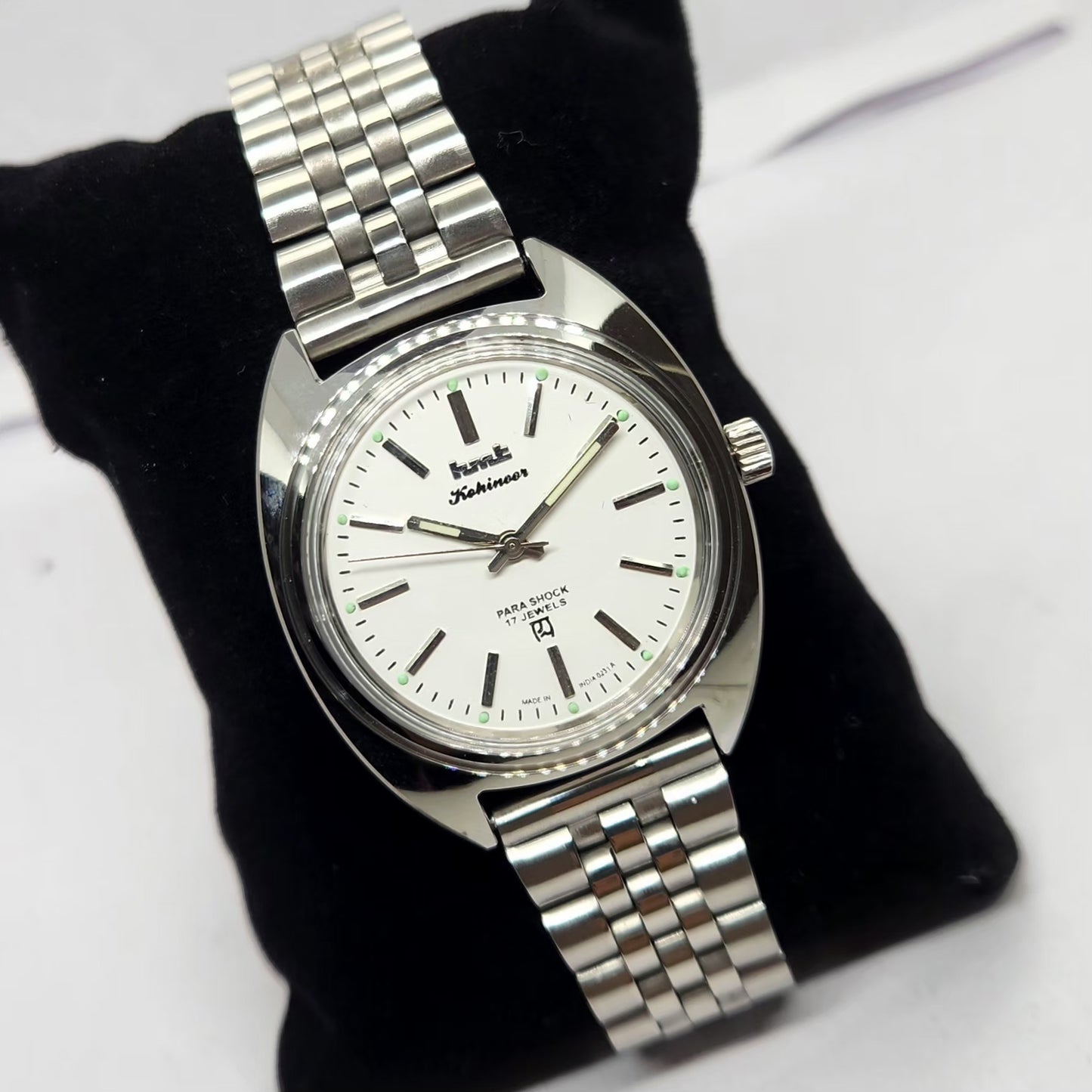 Vintage MOD HMT Kohinoor Hand Winding 17 Jewels White Face Jubilee Bracelet Men's Wrist Watch G22