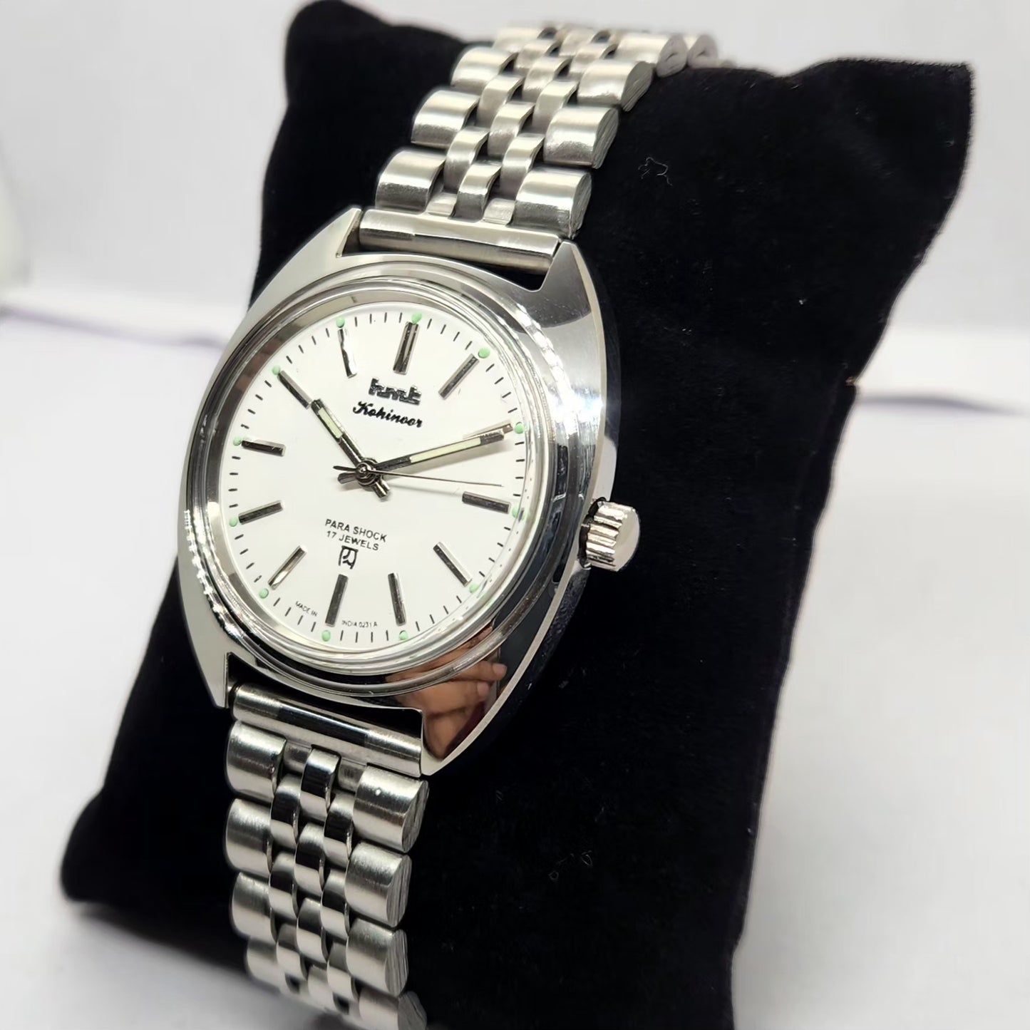 Vintage MOD HMT Kohinoor Hand Winding 17 Jewels White Face Jubilee Bracelet Men's Wrist Watch G22