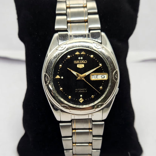Vintage 1997 Original Seiko 5 Automatic 7S26-6030 Black face 21 Jewels Day-Date Japanese Men's Wrist Watch OG274