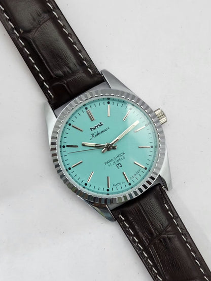Vintage MOD HMT Kohinoor Hand Winding 17 Jewels Tiffany Blue Face Brown Strap Men's Wrist Watch G24