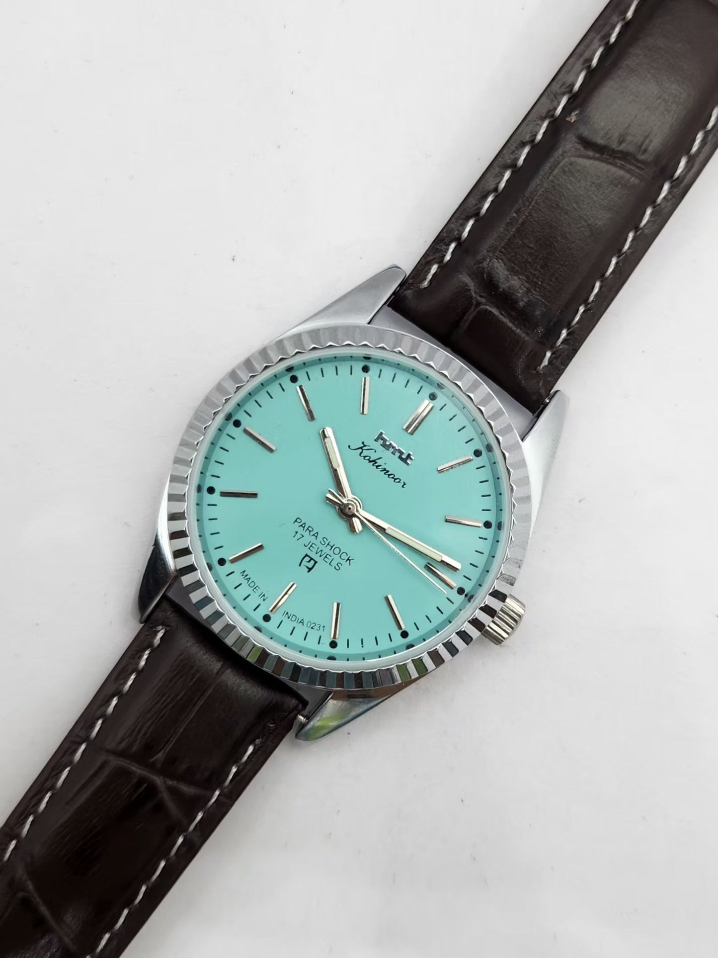 Vintage MOD HMT Kohinoor Hand Winding 17 Jewels Tiffany Blue Face Brown Strap Men's Wrist Watch G24