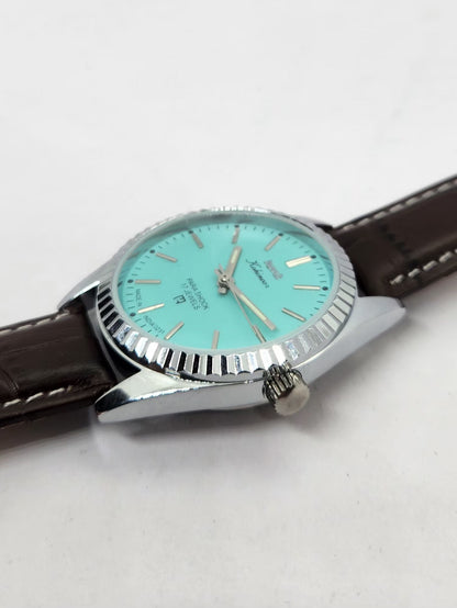 Vintage MOD HMT Kohinoor Hand Winding 17 Jewels Tiffany Blue Face Brown Strap Men's Wrist Watch G24