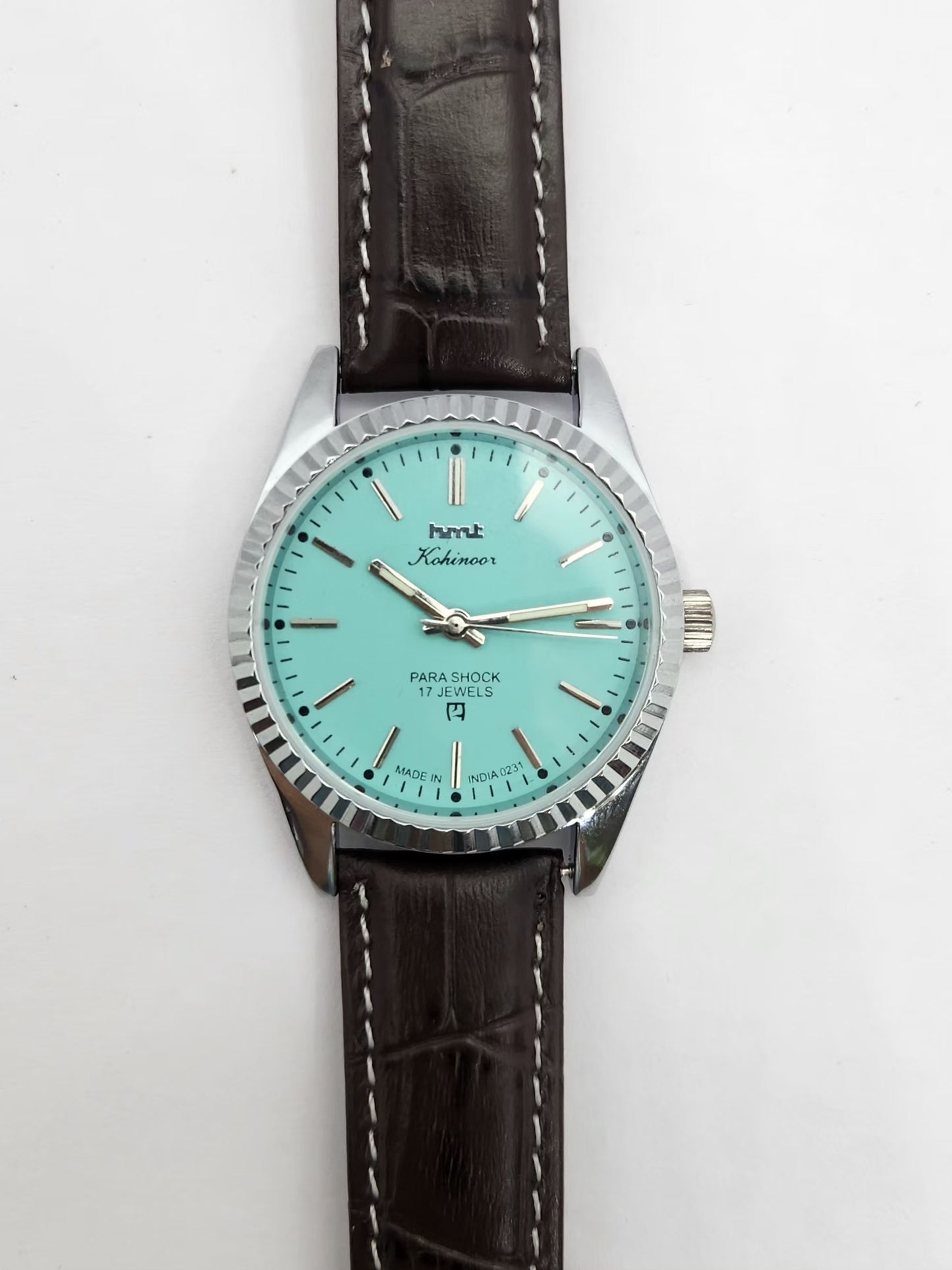 Vintage MOD HMT Kohinoor Hand Winding 17 Jewels Tiffany Blue Face Brown Strap Men's Wrist Watch G24