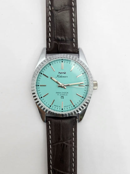 Vintage MOD HMT Kohinoor Hand Winding 17 Jewels Tiffany Blue Face Brown Strap Men's Wrist Watch G24