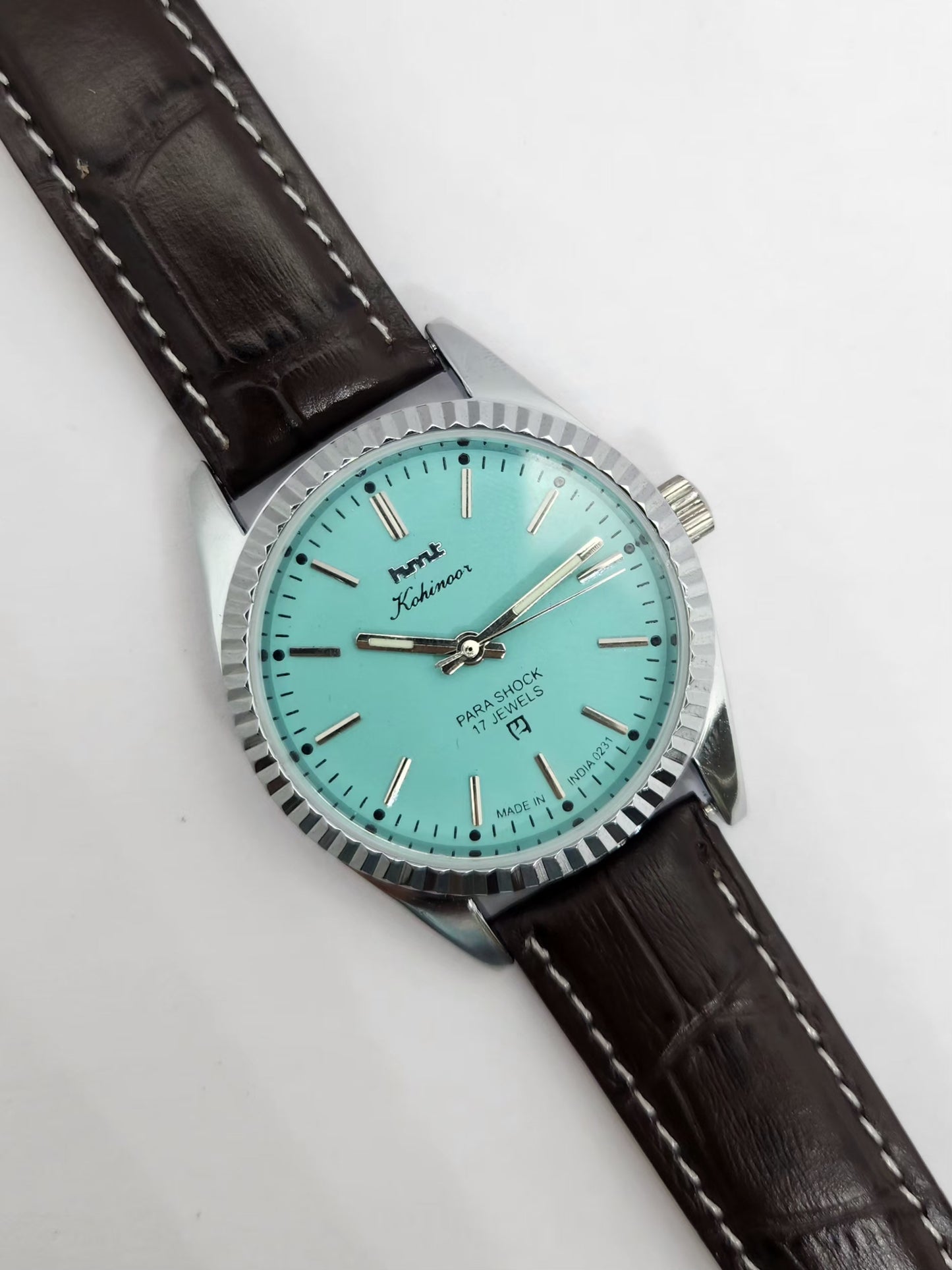 Vintage MOD HMT Kohinoor Hand Winding 17 Jewels Tiffany Blue Face Brown Strap Men's Wrist Watch G24