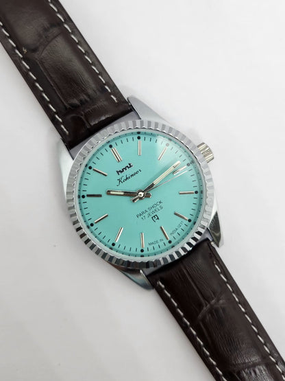 Vintage MOD HMT Kohinoor Hand Winding 17 Jewels Tiffany Blue Face Brown Strap Men's Wrist Watch G24