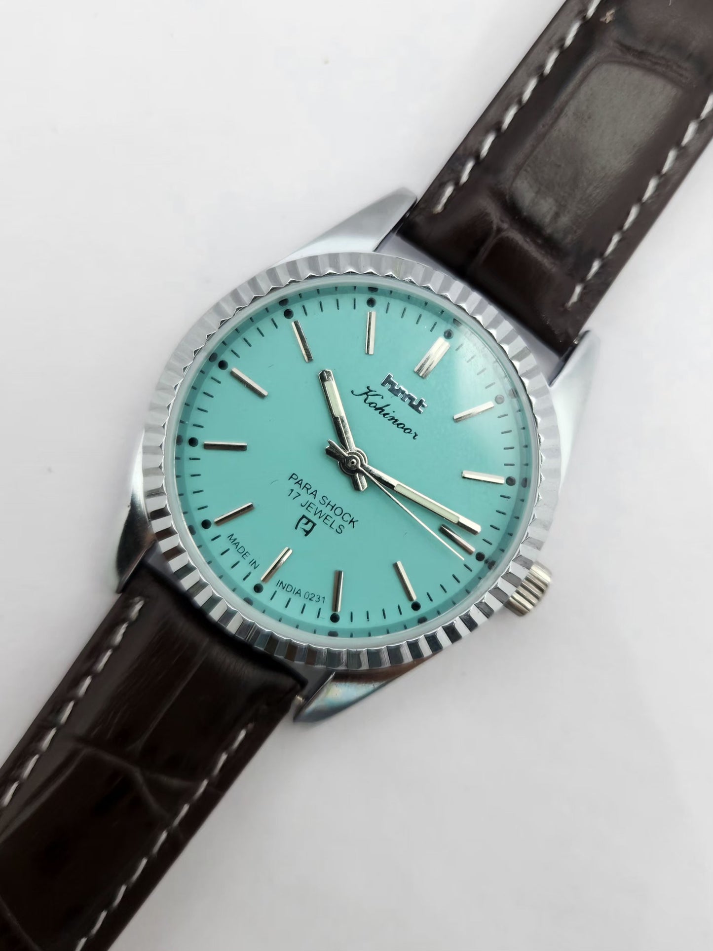 Vintage MOD HMT Kohinoor Hand Winding 17 Jewels Tiffany Blue Face Brown Strap Men's Wrist Watch G24