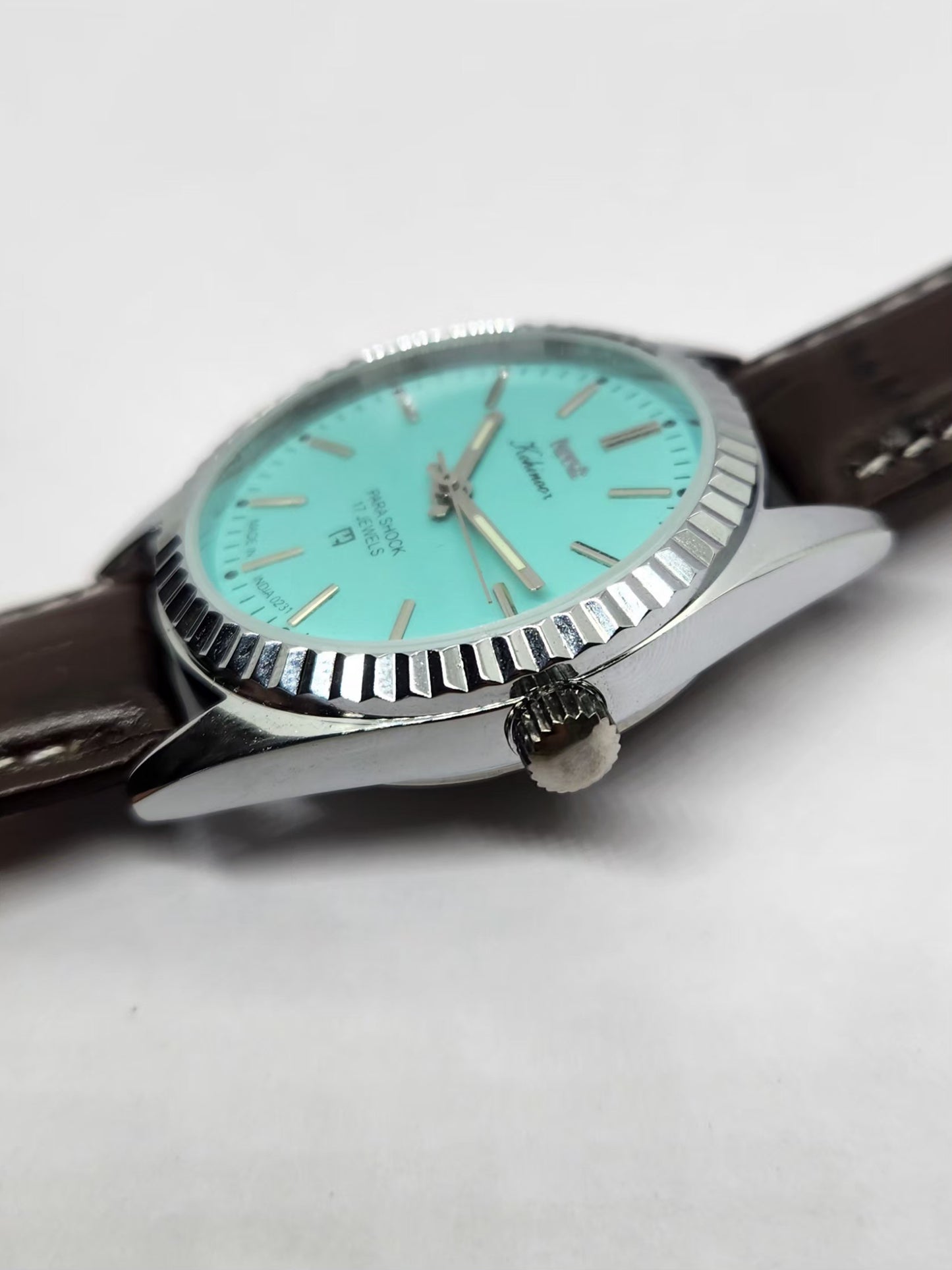 Vintage MOD HMT Kohinoor Hand Winding 17 Jewels Tiffany Blue Face Brown Strap Men's Wrist Watch G24