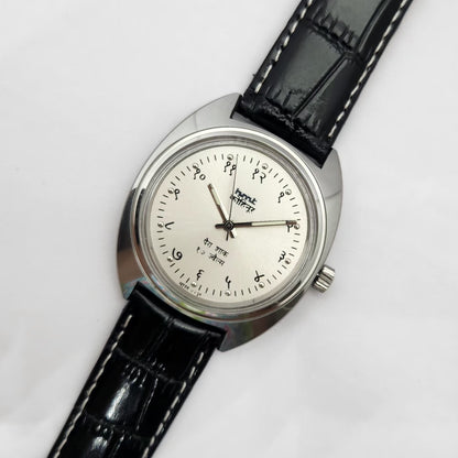 Vintage MOD HMT Kohinoor Devanagari Hand Winding 17 Jewels SIlver Face Black Strap Men's Wrist Watch G26