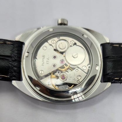 Vintage MOD HMT Kohinoor Devanagari Hand Winding 17 Jewels SIlver Face Black Strap Men's Wrist Watch G26