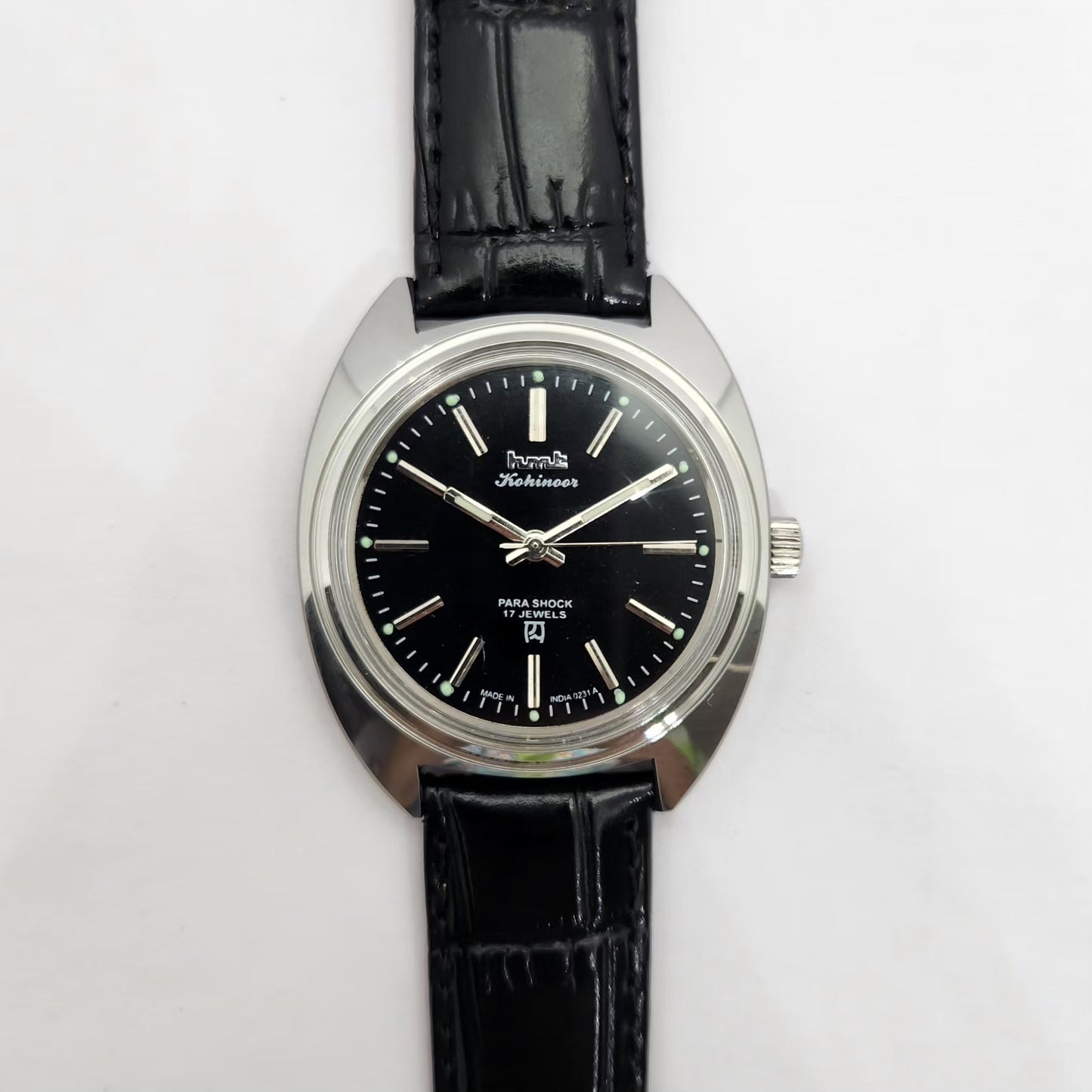 Vintage MOD HMT Kohinoor Hand Winding 17 Jewels Black Face Black Strap Men's Wrist Watch G27