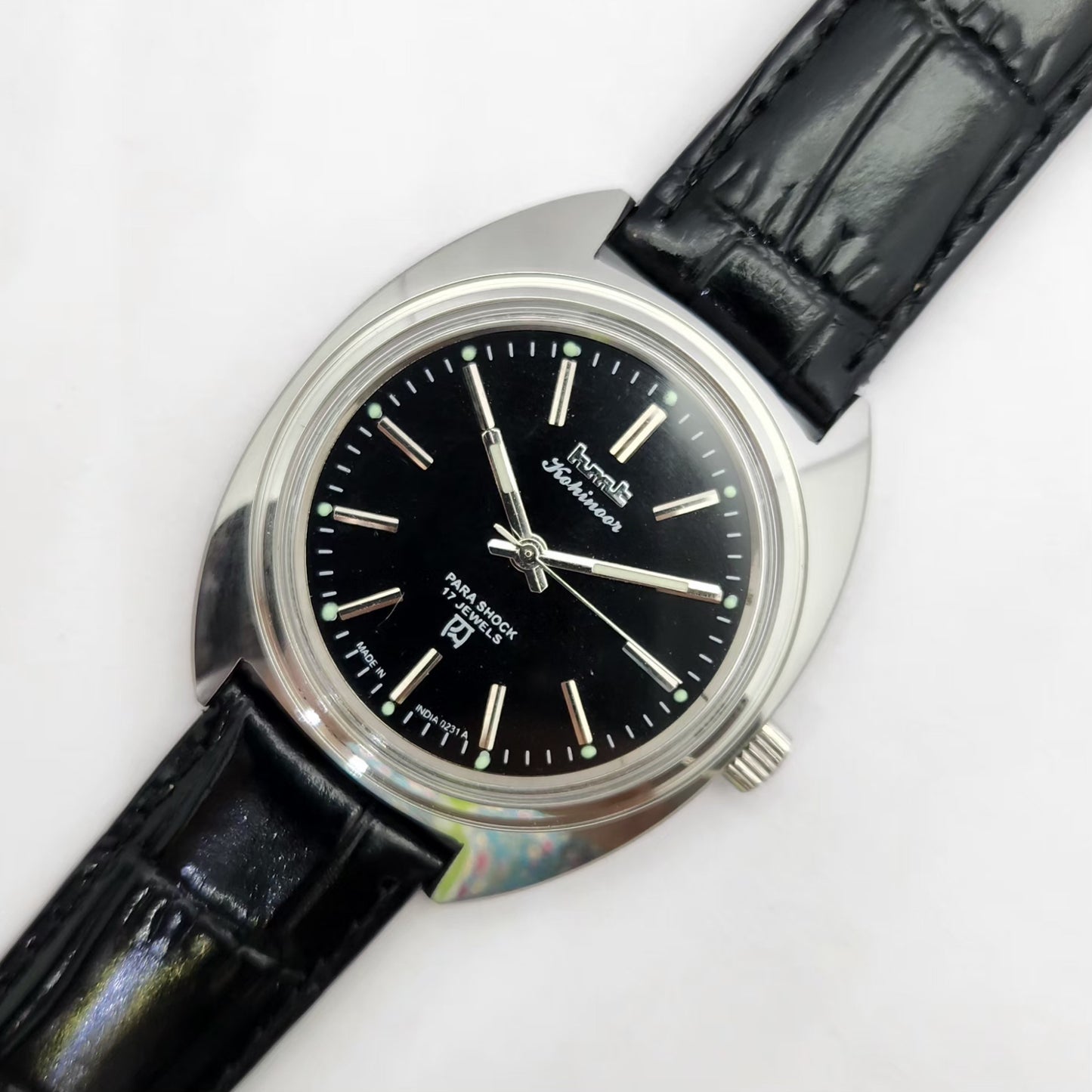 Vintage MOD HMT Kohinoor Hand Winding 17 Jewels Black Face Black Strap Men's Wrist Watch G27