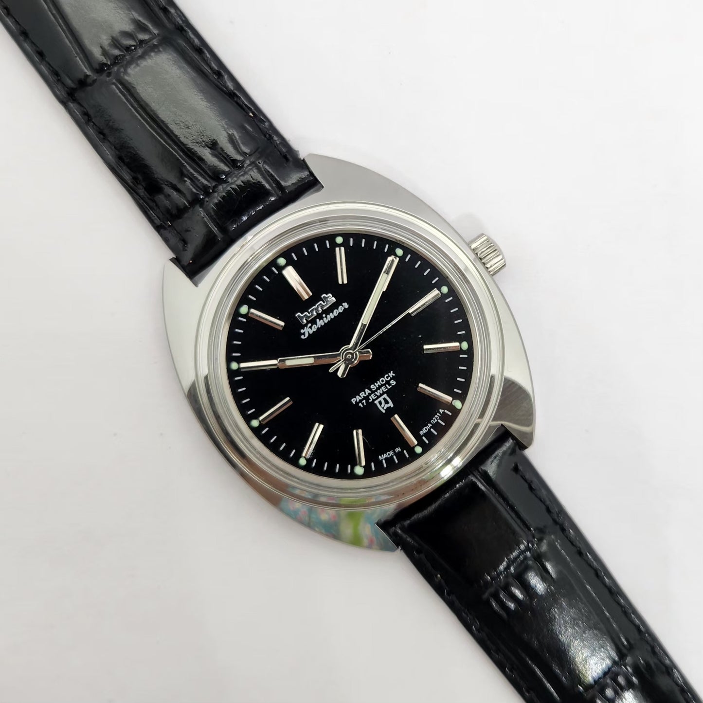 Vintage MOD HMT Kohinoor Hand Winding 17 Jewels Black Face Black Strap Men's Wrist Watch G27