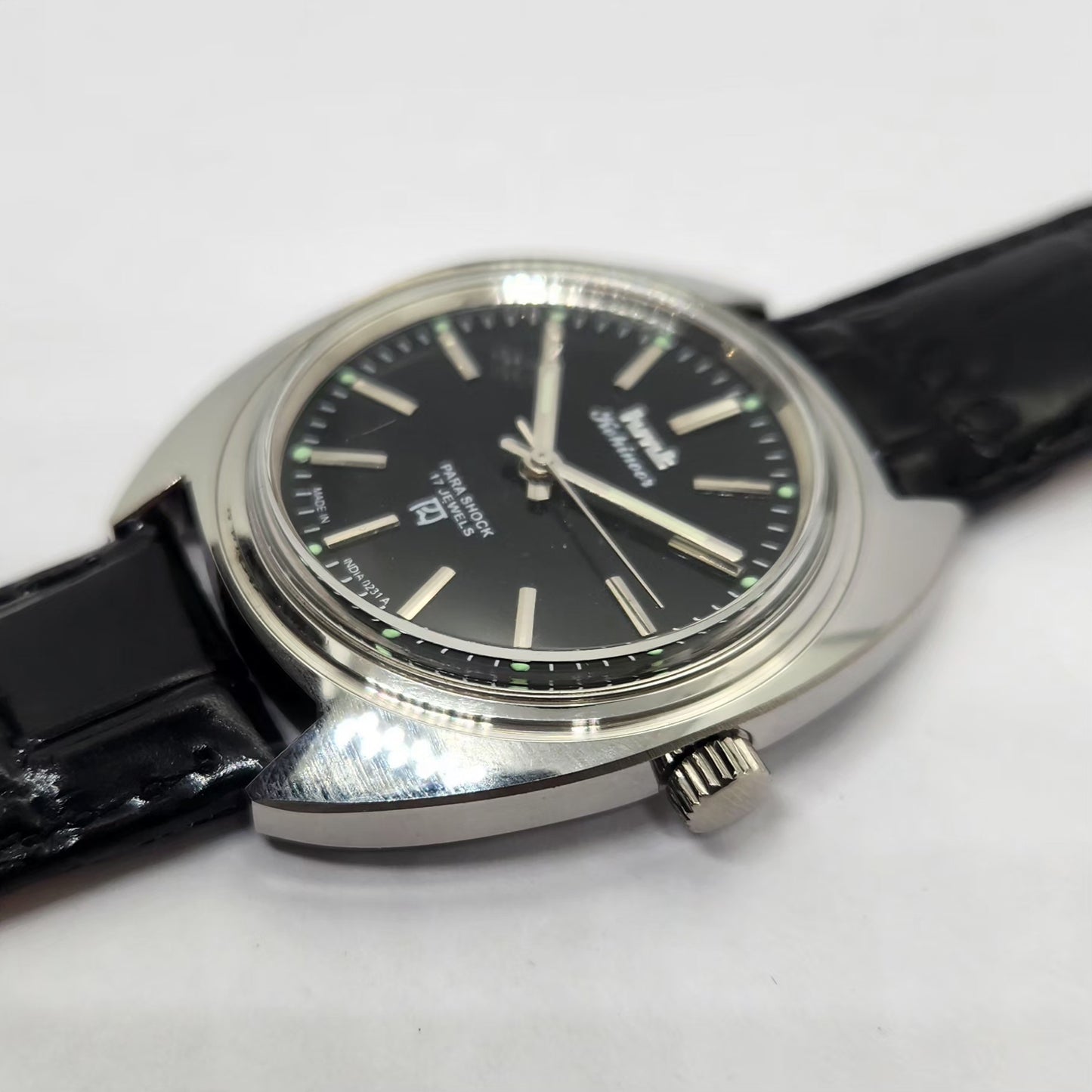 Vintage MOD HMT Kohinoor Hand Winding 17 Jewels Black Face Black Strap Men's Wrist Watch G27