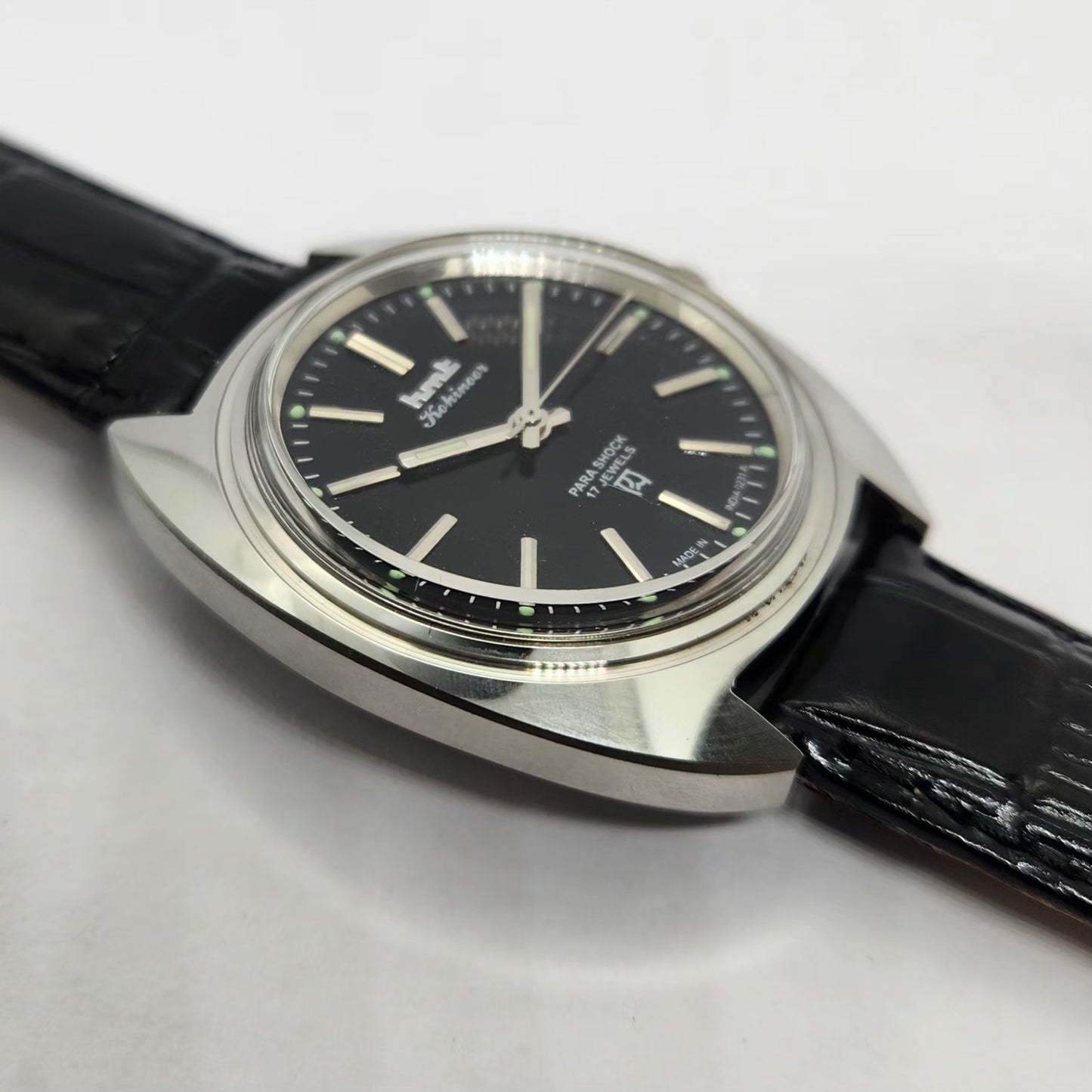 Vintage MOD HMT Kohinoor Hand Winding 17 Jewels Black Face Black Strap Men's Wrist Watch G27