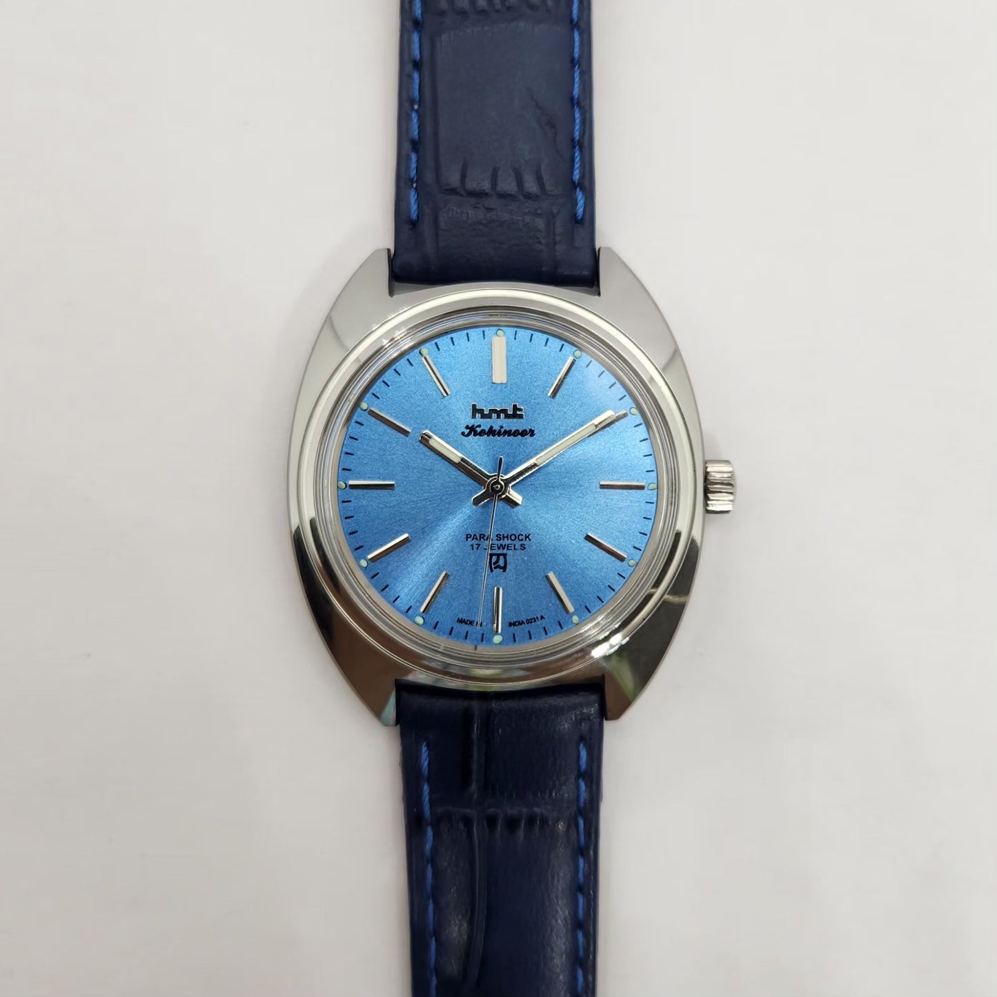 Vintage MOD HMT Kohinoor Hand Winding 17 Jewels Blue Face Blue Strap Men's Wrist Watch G23