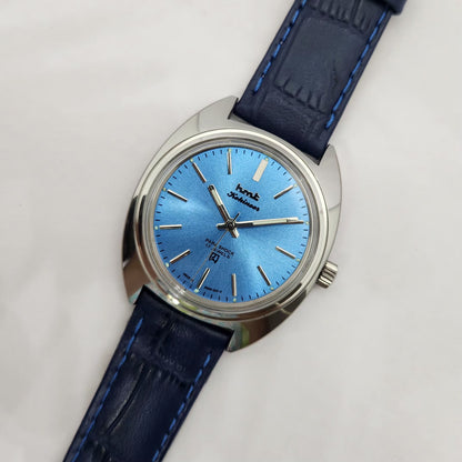 Vintage MOD HMT Kohinoor Hand Winding 17 Jewels Blue Face Blue Strap Men's Wrist Watch G23