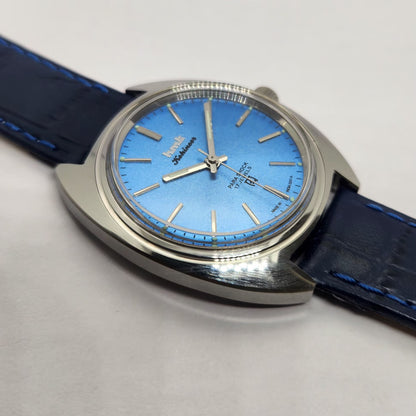 Vintage MOD HMT Kohinoor Hand Winding 17 Jewels Blue Face Blue Strap Men's Wrist Watch G23