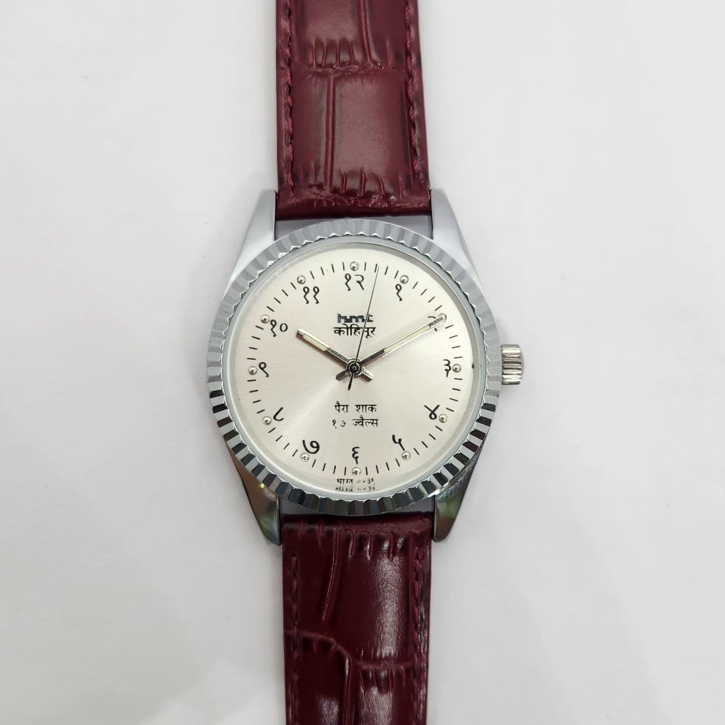 Vintage MOD HMT Kohinoor Devanagari Hand Winding Fluted Bazel SIlver Face Red Strap Men's Wrist Watch G29